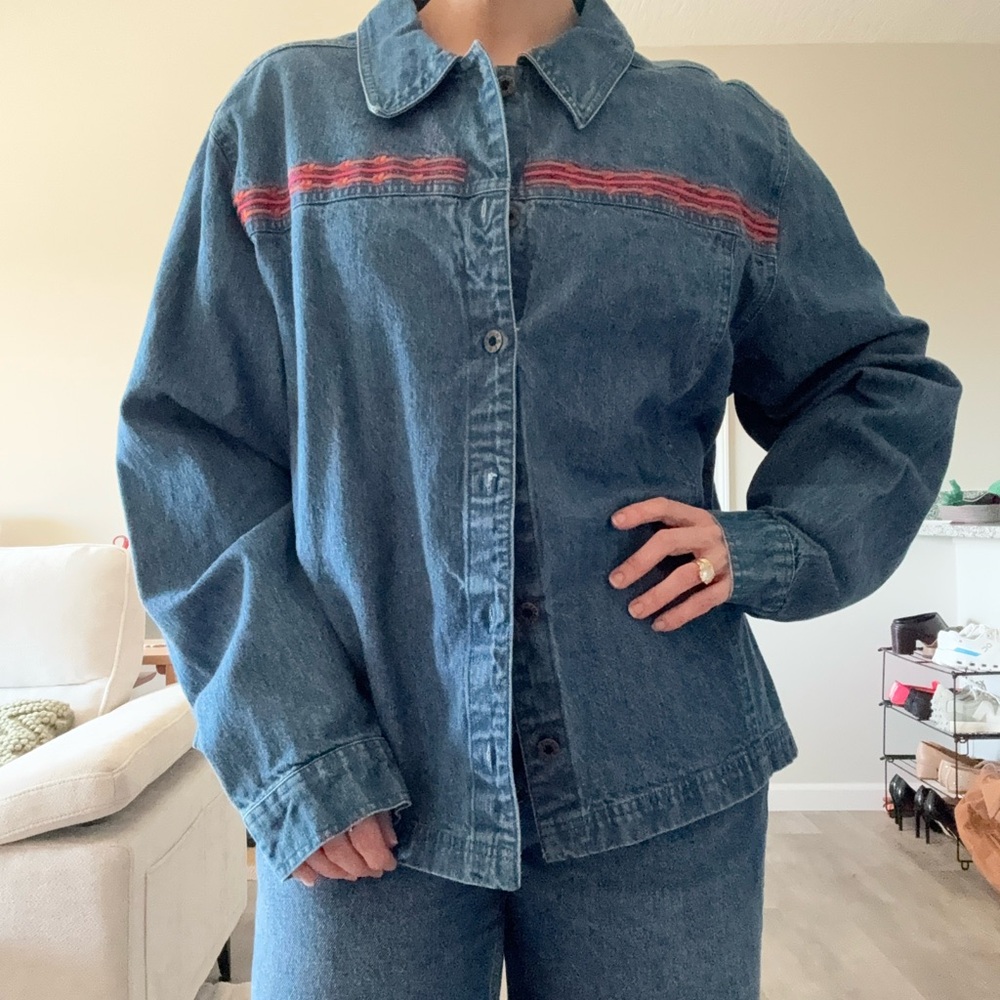 Vintage Denim Jacket with Pink & Orange Lasso Stitching Detail